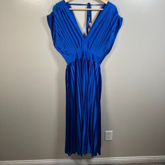 Billy J Gina Maxi Dress Size 8 US 4 Blue Satin Pleated Event Formal Wedding - Picture 2 of 13